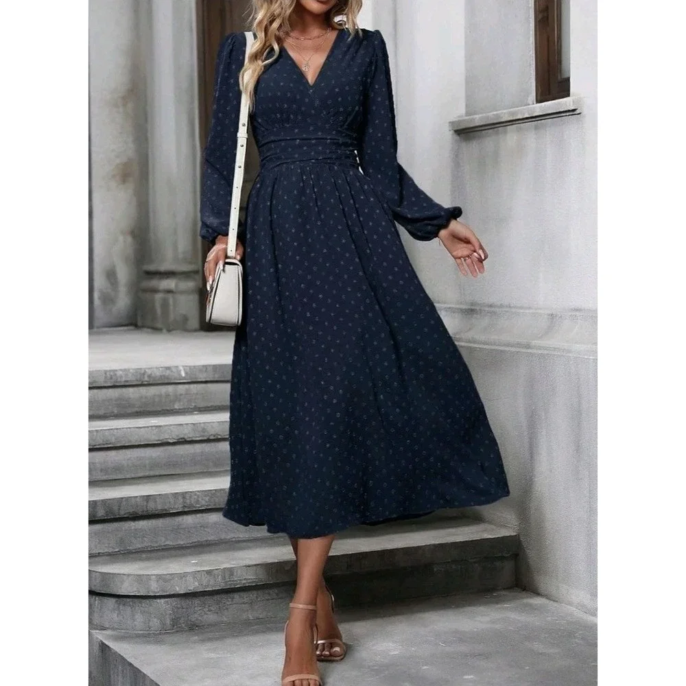 Xxl-Women's Spring Fall Midi Dress Casual Long Sleeve V Neck Swiss Dot Navy Blue - Picture 1 of 4